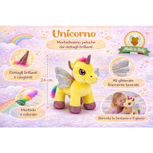 PELUCHE UNICORNO GIALLO CM 25 PUPAZZO PER BAMBINI CON DETTAGLI GLITTERATI LELLY - 721012
