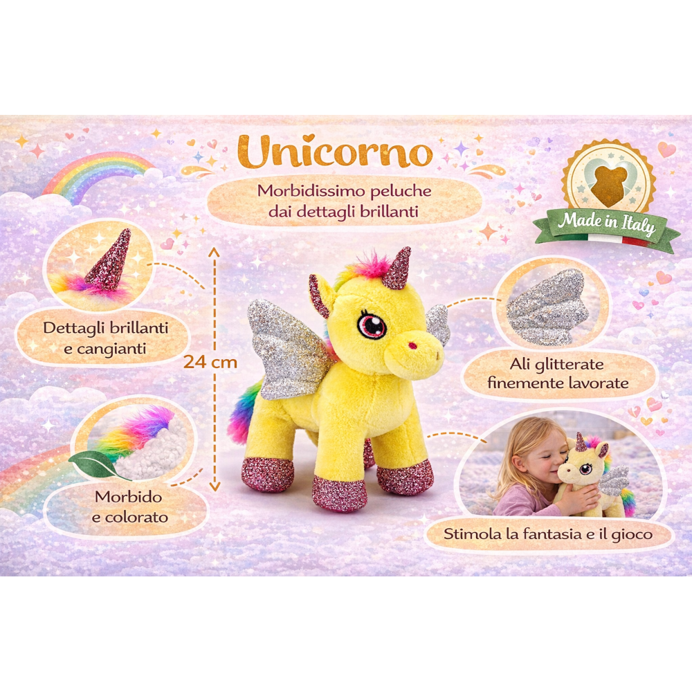 PELUCHE UNICORNO GIALLO CM 25 PUPAZZO PER BAMBINI CON DETTAGLI GLITTERATI LELLY - 721012