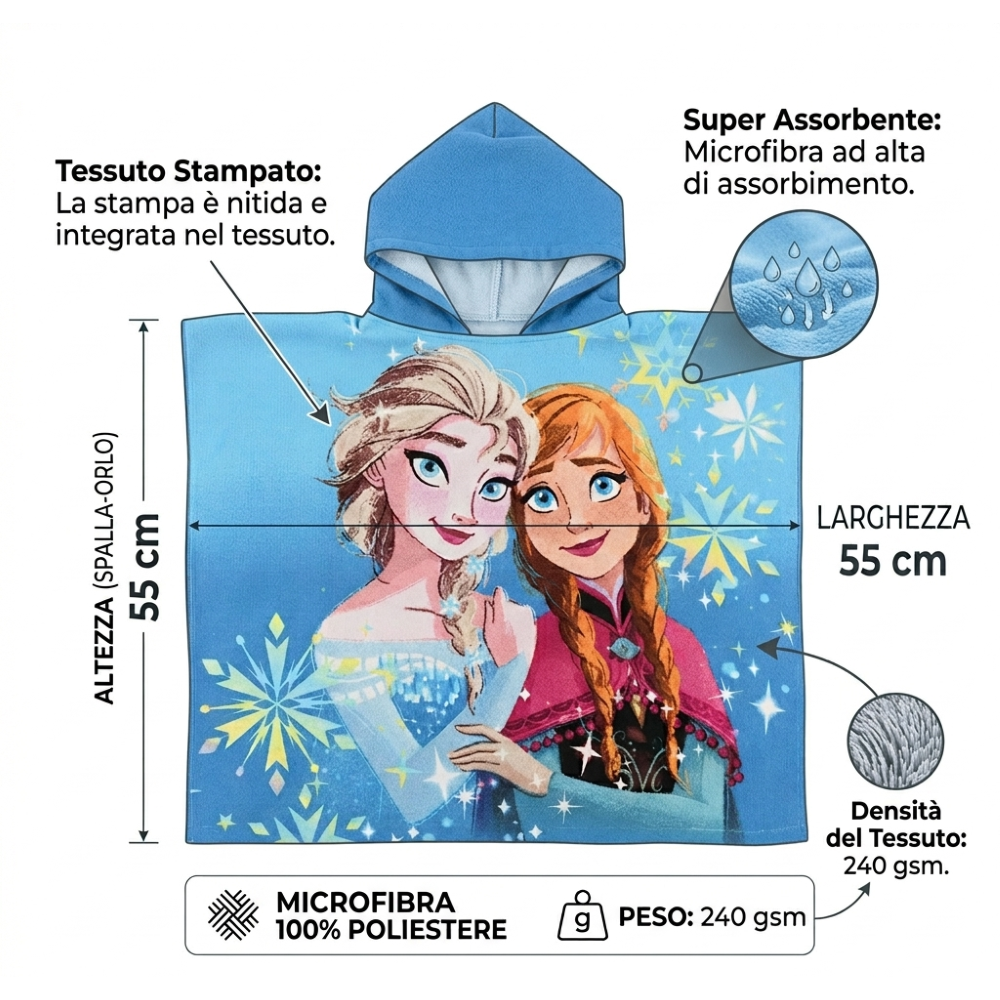 PONCHO MARE FROZEN DISNEY MICROFIBRA ACCAPPATOIO CON CAPPUCCIO 110X55 CM - EZ18058