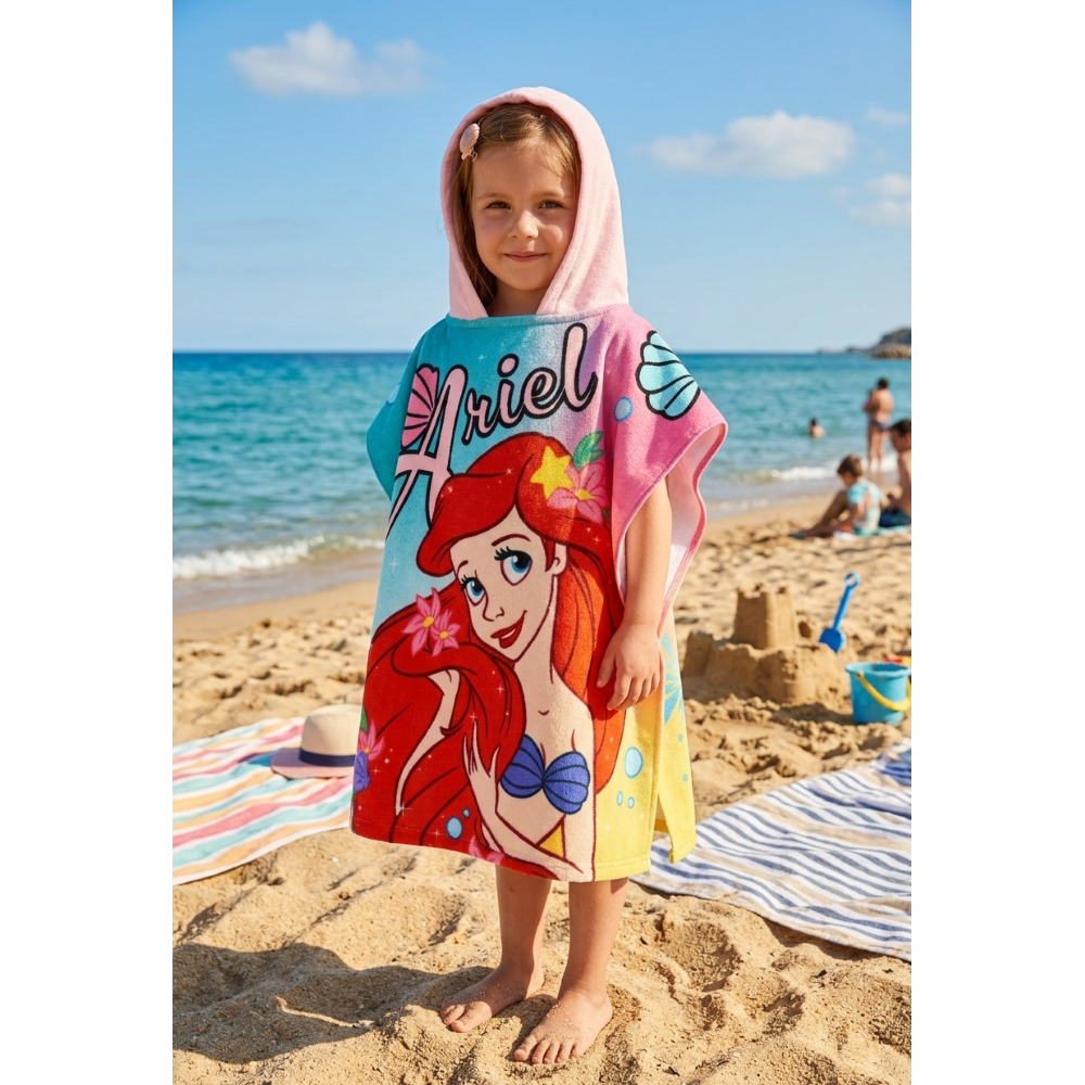 PONCHO MARE LA SIRENETTA ARIEL DISNEY MICROFIBRA ACCAPPATOIO CON CAPPUCCIO 110X55 CM SPIAGGIA PISCINA - EZ18015
