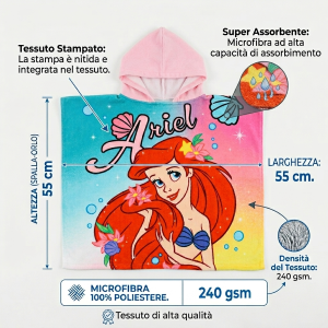 PONCHO MARE LA SIRENETTA ARIEL DISNEY MICROFIBRA ACCAPPATOIO CON CAPPUCCIO 110X55 CM SPIAGGIA PISCINA - EZ18015