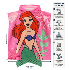 PONCHO MARE ARIEL DISNEY 110 X 55 CM CON CODA ACCAPPATOIO PER BAMBINE MICROFIBRA - EZ18014