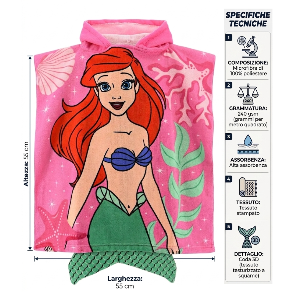 PONCHO MARE ARIEL DISNEY 110 X 55 CM CON CODA ACCAPPATOIO PER BAMBINE MICROFIBRA - EZ18014