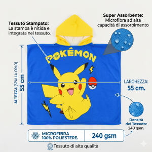 PONCHO MARE PIKACHU POKÉMON MICROFIBRA ACCAPPATOIO CON CAPPUCCIO 110X55 CM SPIAGGIA PISCINA - EZ18137
