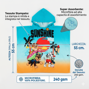 PONCHO MARE PAW PATROL MICROFIBRA ACCAPPATOIO CON CAPPUCCIO 110X55 CM SPIAGGIA PISCINA - EZ18123