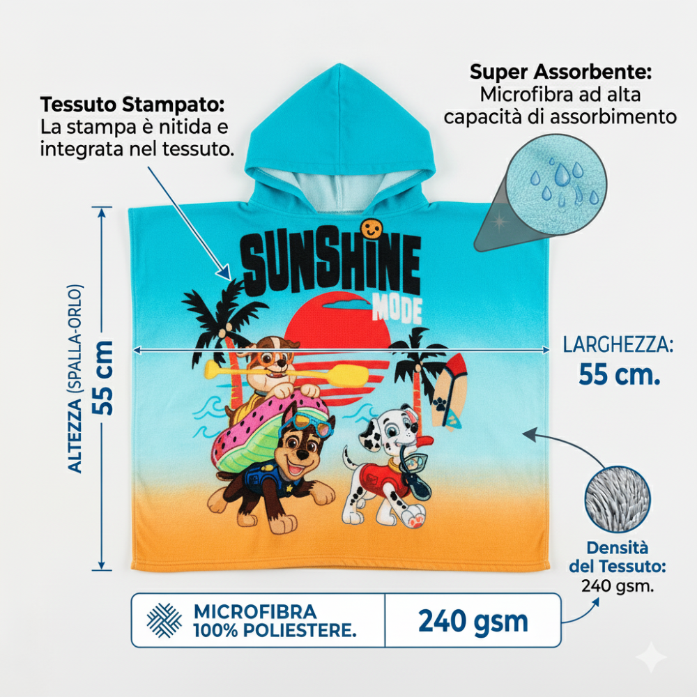 PONCHO MARE PAW PATROL MICROFIBRA ACCAPPATOIO CON CAPPUCCIO 110X55 CM SPIAGGIA PISCINA - EZ18123