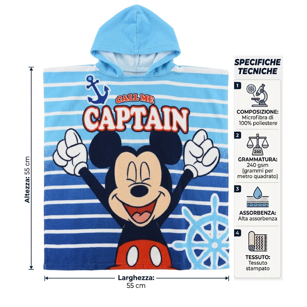 PONCHO MARE TOPOLINO DISNEY MICROFIBRA ACCAPPATOIO CON CAPPUCCIO 110X55 CM SPIAGGIA PISCINA - EZ18121