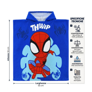 PONCHO MARE SPIDEY MARVEL MICROFIBRA ACCAPPATOIO CON CAPPUCCIO 110X55 CM SPIAGGIA PISCINA - EZ18153