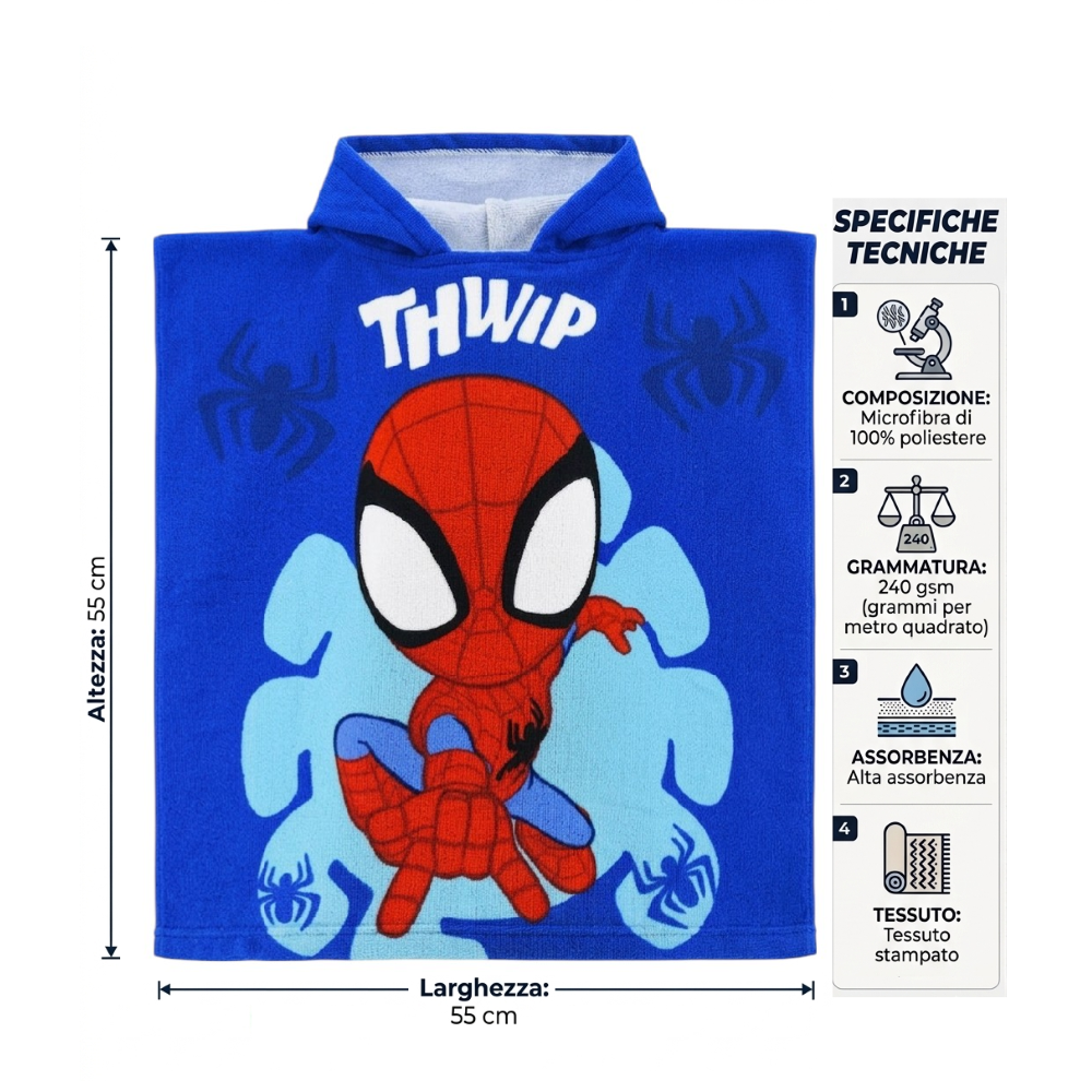 PONCHO MARE SPIDEY MARVEL MICROFIBRA ACCAPPATOIO CON CAPPUCCIO 110X55 CM SPIAGGIA PISCINA - EZ18153