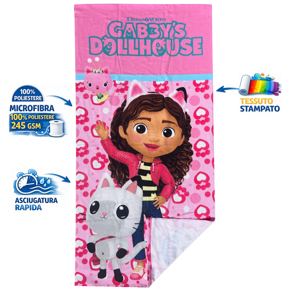 TELO MARE GABBY'S DOLLHOUSE ASCIUGAMANO PER BAMBINI IN MICROFIBRA CM 140X70 - GAB37-6113