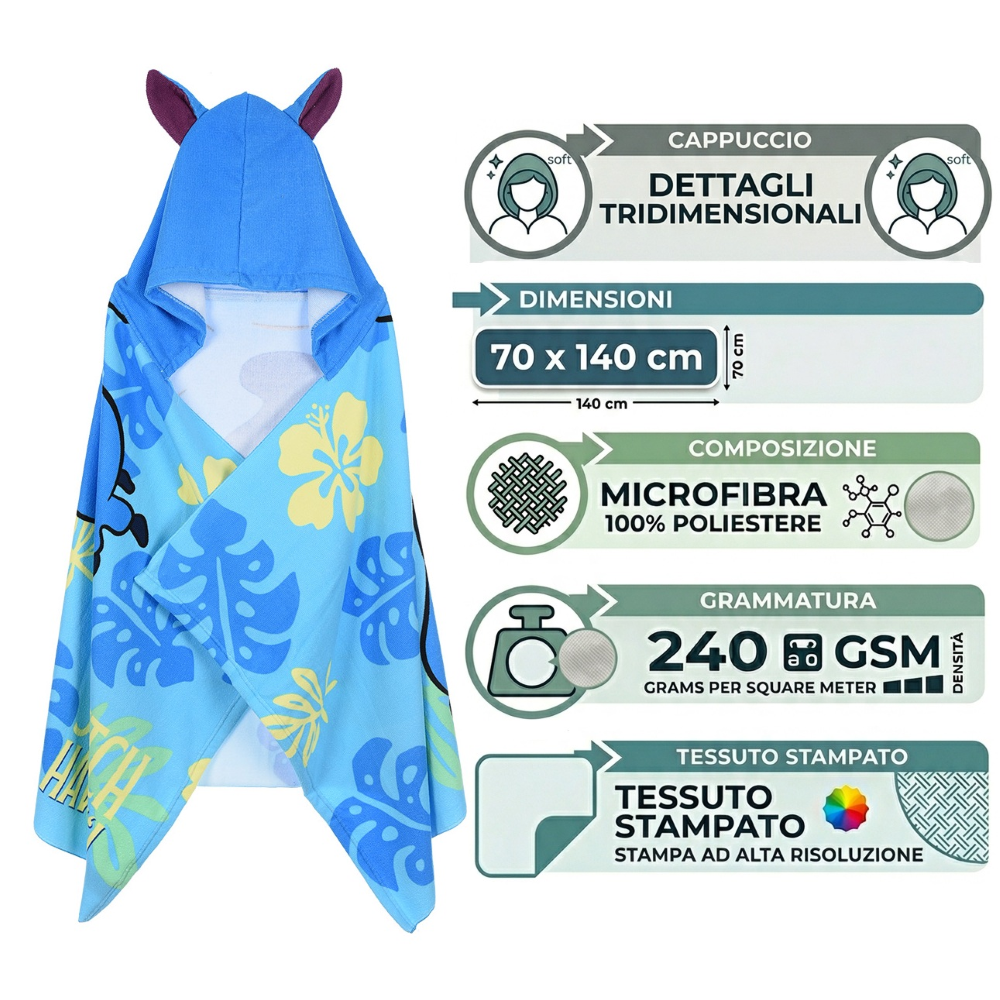 MANTELLA MARE STITCH DISNEY TELO CON CAPPUCCIO 3D 70X140 CM IN MICROFIBRA BAGNO PISCINA SPIAGGIA - EZ18220