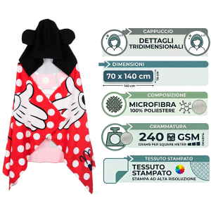 MANTELLA MARE MINNIE DISNEY TELO CON CAPPUCCIO 3D 70X140 CM IN MICROFIBRA BAGNO PISCINA SPIAGGIA - EZ18214