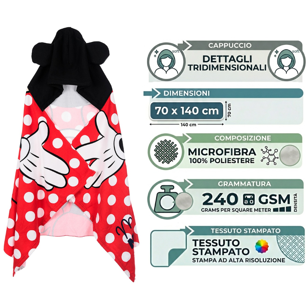 MANTELLA MARE MINNIE DISNEY TELO CON CAPPUCCIO 3D 70X140 CM IN MICROFIBRA BAGNO PISCINA SPIAGGIA - EZ18214