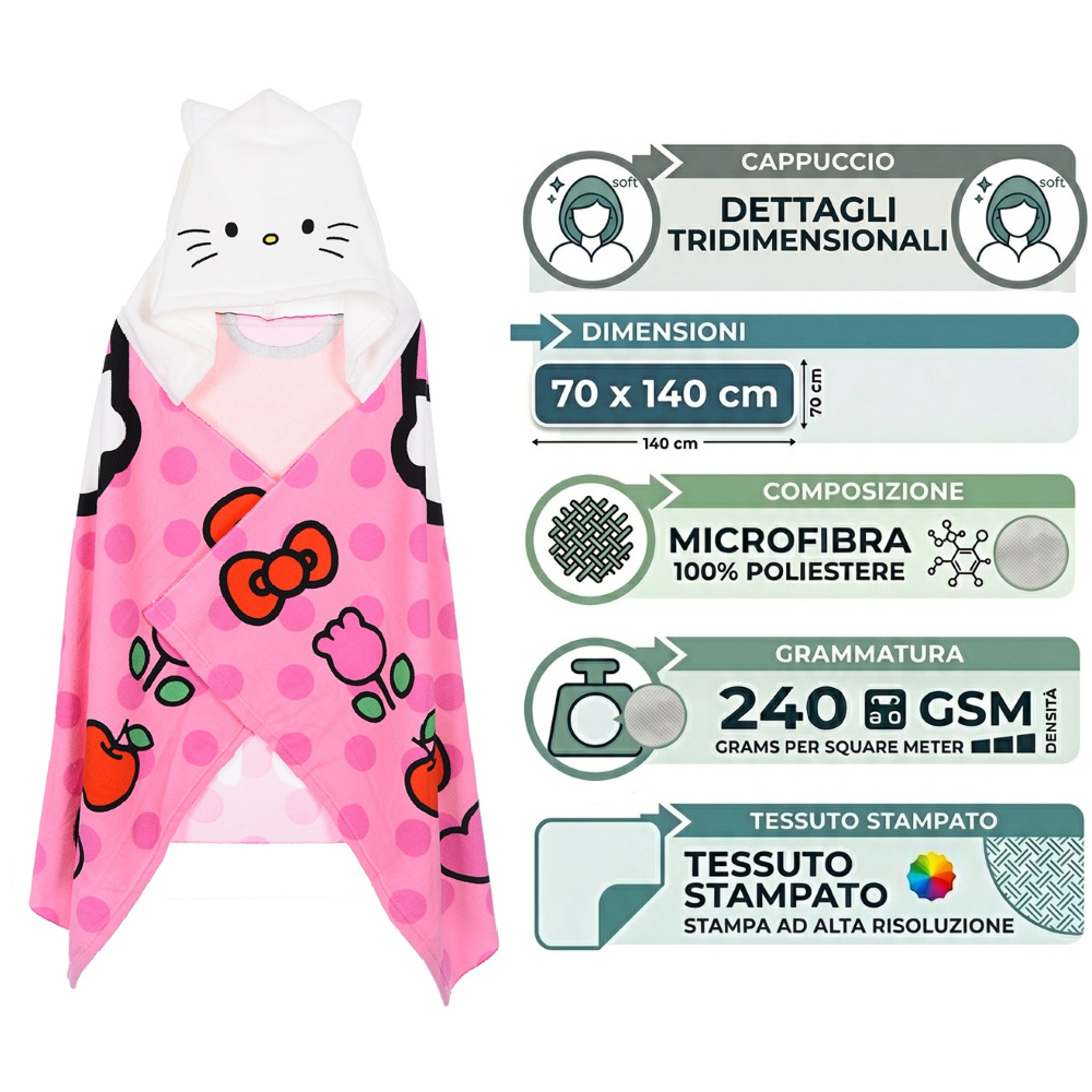MANTELLA MARE HELLO KITTY TELO CON CAPPUCCIO 3D 70X140 CM IN MICROFIBRA BAGNO PISCINA SPIAGGIA - EZ18212