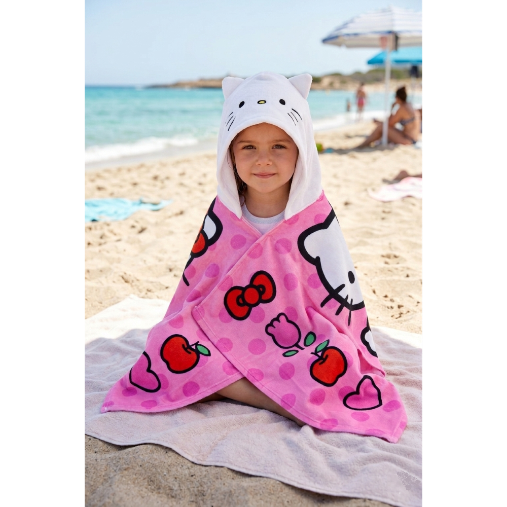 MANTELLA MARE HELLO KITTY TELO CON CAPPUCCIO 3D 70X140 CM IN MICROFIBRA BAGNO PISCINA SPIAGGIA - EZ18212