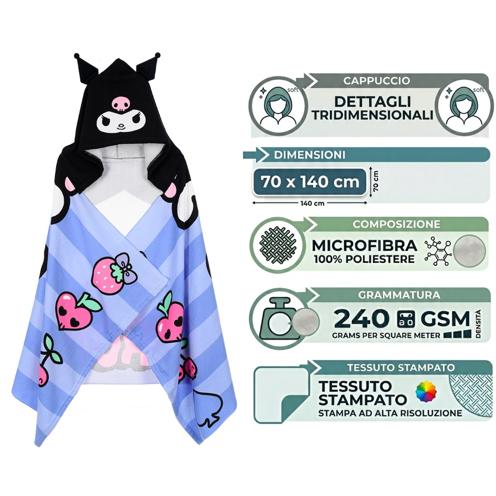 MANTELLA MARE KUROMI SANRIO TELO CON CAPPUCCIO 3D 70X140 CM IN MICROFIBRA BAGNO PISCINA SPIAGGIA - EZ18213