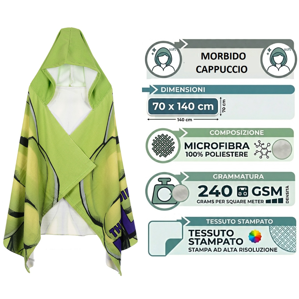 MANTELLA MARE HULK MARVEL TELO CON CAPPUCCIO 70X140 CM IN MICROFIBRA BAGNO PISCINA SPIAGGIA - EZ18216