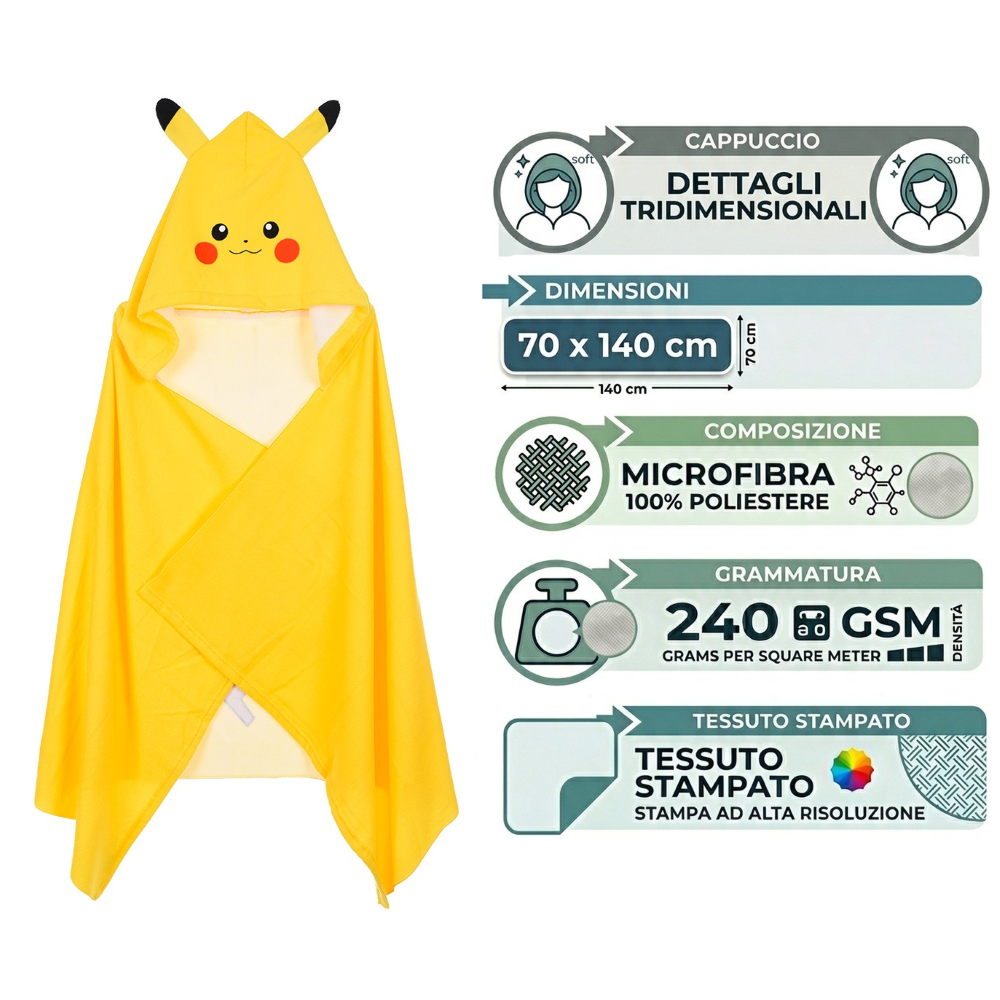 MANTELLA MARE PIKACHU POKÉMON TELO CON CAPPUCCIO 3D 70X140 CM IN MICROFIBRA BAGNO PISCINA SPIAGGIA - EZ18218