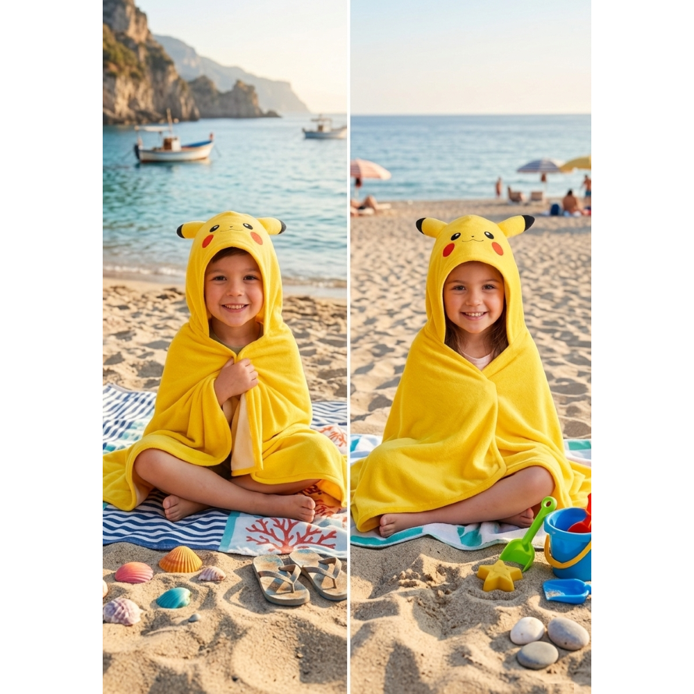 MANTELLA MARE PIKACHU POKÉMON TELO CON CAPPUCCIO 3D 70X140 CM IN MICROFIBRA BAGNO PISCINA SPIAGGIA - EZ18218