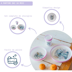 SET PAPPA STITCH DISNEY 3 PEZZI STOVIGLIE IN PLASTICA CON SILICONE ANTISCIVOLO ADATTA AL MICROONDE- 86665