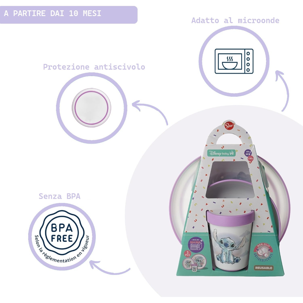 SET PAPPA STITCH DISNEY 3 PEZZI STOVIGLIE IN PLASTICA CON SILICONE ANTISCIVOLO ADATTA AL MICROONDE- 86665