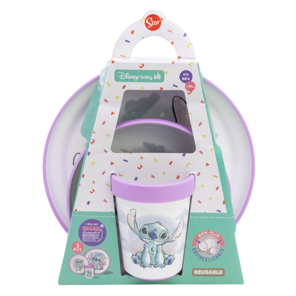 SET PAPPA STITCH DISNEY 3 PEZZI STOVIGLIE IN PLASTICA CON SILICONE ANTISCIVOLO ADATTA AL MICROONDE- 86665
