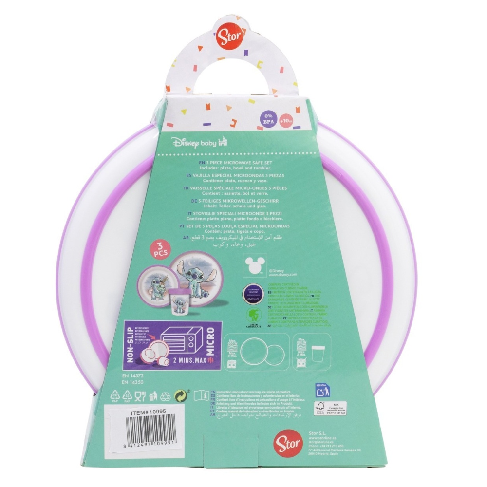 SET PAPPA STITCH DISNEY 3 PEZZI STOVIGLIE IN PLASTICA CON SILICONE ANTISCIVOLO ADATTA AL MICROONDE- 86665