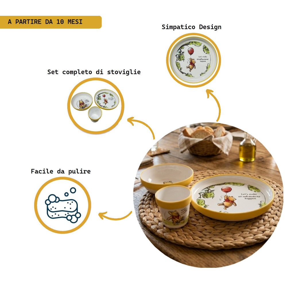 SET PAPPA WINNIE THE POOH DISNEY 3 PEZZI STOVIGLIE IN PLASTICA CON SILICONE ANTISCIVOLO ADATTA AL MICROONDE- 86666