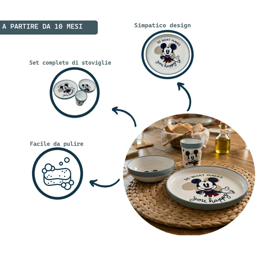 SET PAPPA TOPOLINO DISNEY 3 PEZZI STOVIGLIE IN PLASTICA CON SILICONE ANTISCIVOLO ADATTA AL MICROONDE- 86667