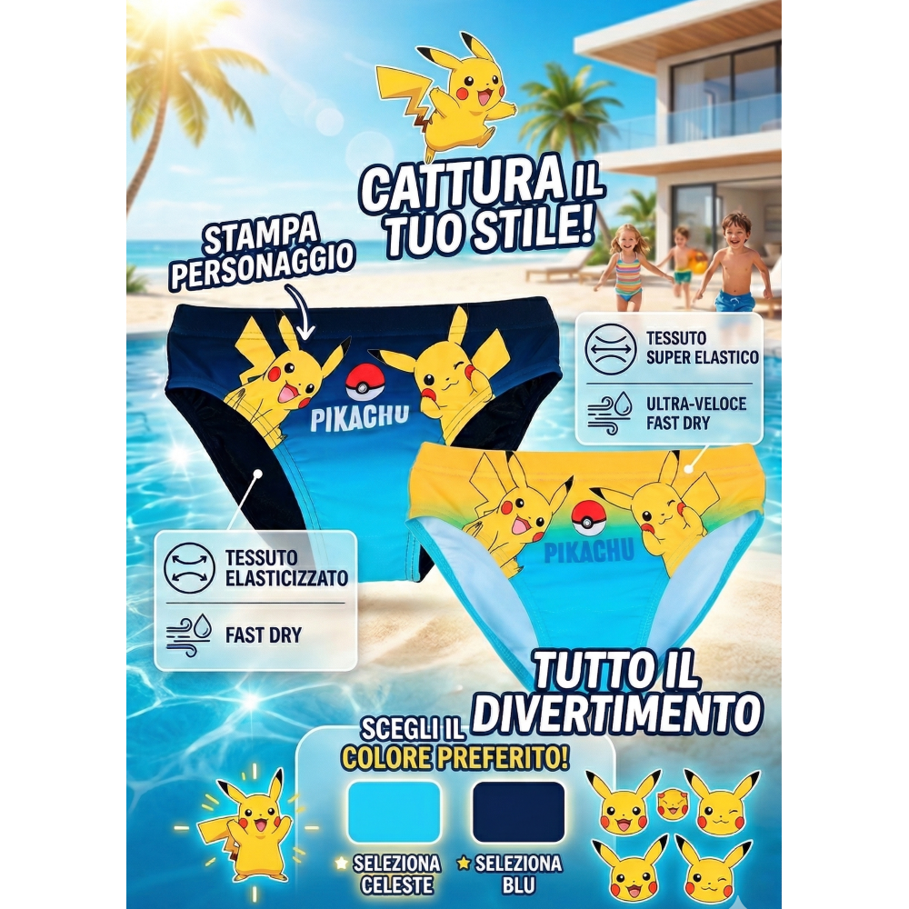 COSTUME DA BAGNO PIKACHU POKÉMON MODELLO SLIP MUTANDINA MARE PISCINA BAMBINO - EZ18154BLU
