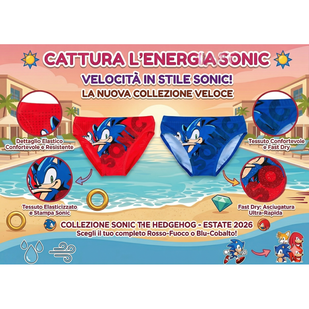 COSTUME DA BAGNO SONIC THE HEDGEHOG MODELLO SLIP MUTANDINA MARE PISCINA BAMBINO - EZ18149BLU