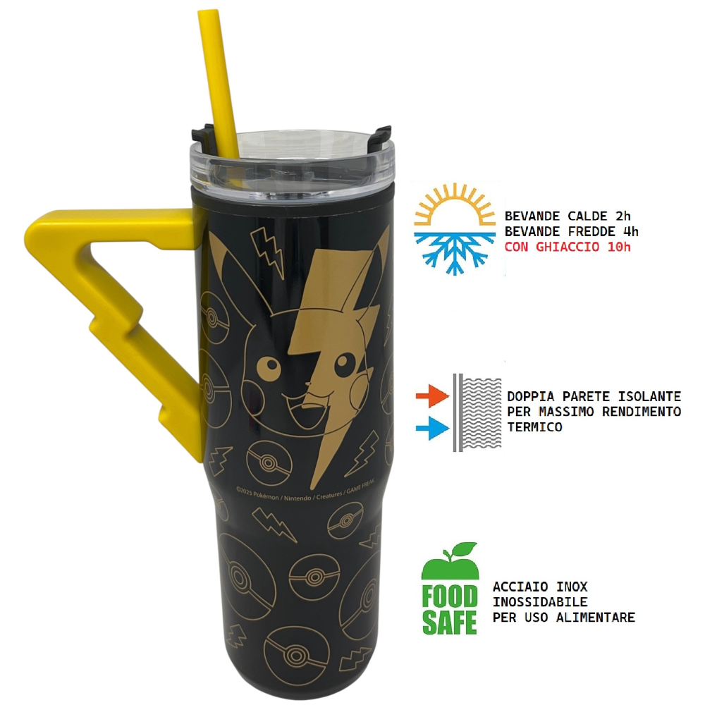 BICCHIERE TERMICO CON CANNUCCIA PIKACHU POKEMON MANICO 3D 770 ML - 86682