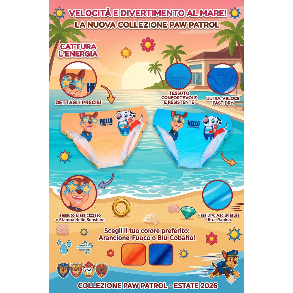 COSTUME DA BAGNO PAW PATROL MODELLO SLIP MUTANDINA MARE PISCINA BAMBINO - EZ18129ARANCIO