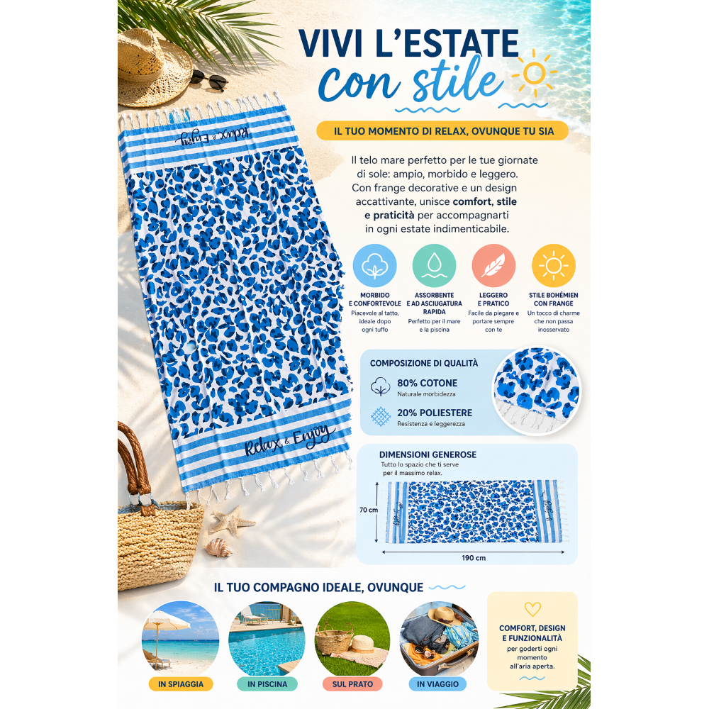 TELO MARE CON FRANGE 190 X 70 CM ASCIUGAMO IN MISTO COTONE ACCESSORIO SPIAGGIA PISCINA