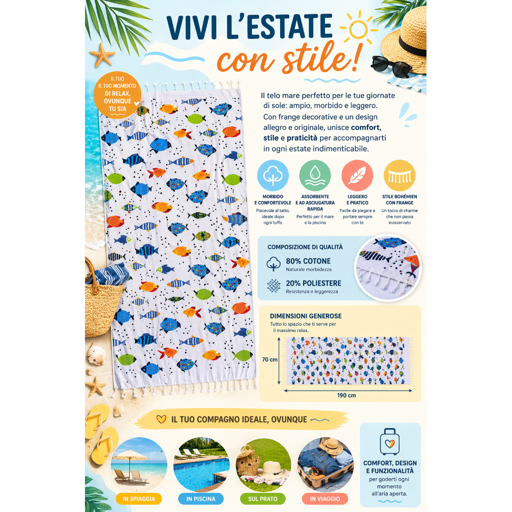 TELO MARE CON FRANGE 190 X 70 CM ASCIUGAMO IN MISTO COTONE ACCESSORIO SPIAGGIA PISCINA