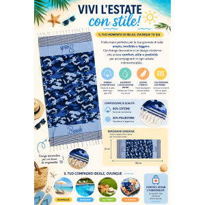 TELO MARE CON FRANGE 190 X 70 CM ASCIUGAMO IN MISTO COTONE ACCESSORIO SPIAGGIA PISCINA