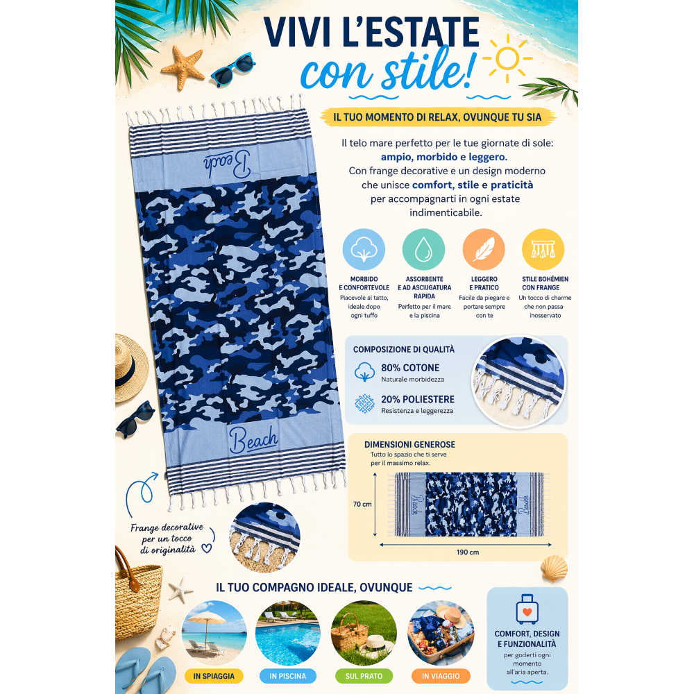 TELO MARE CON FRANGE 190 X 70 CM ASCIUGAMO IN MISTO COTONE ACCESSORIO SPIAGGIA PISCINA