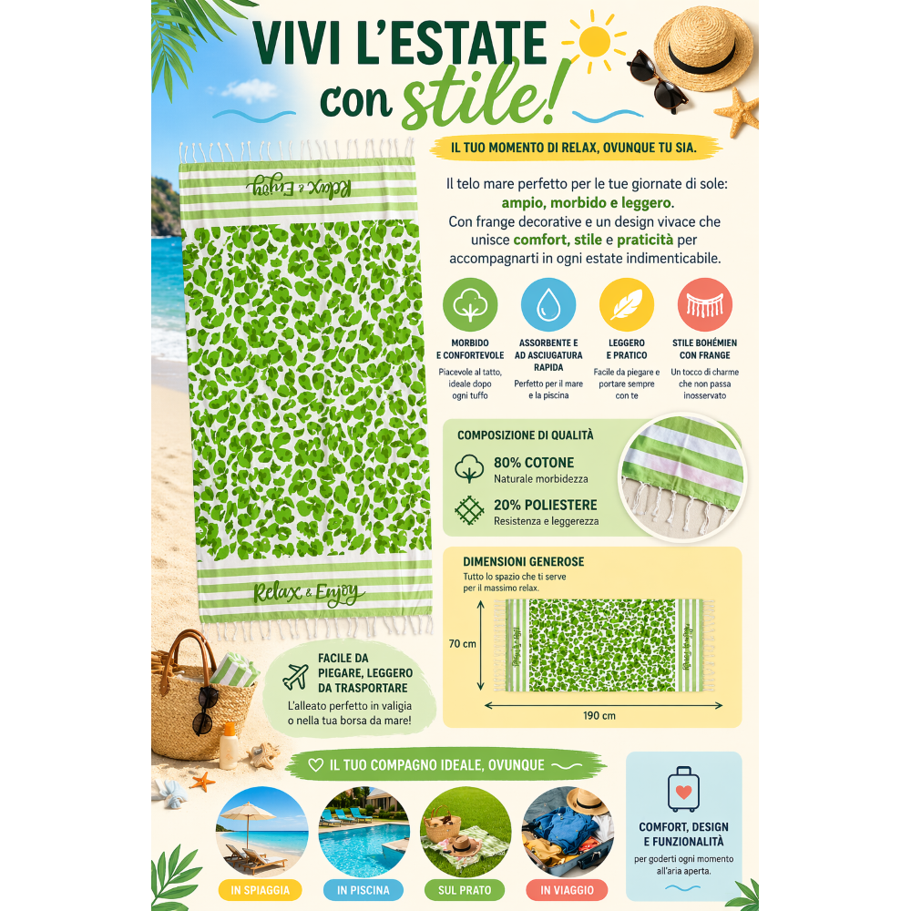 TELO MARE CON FRANGE 190 X 70 CM ASCIUGAMO IN MISTO COTONE ACCESSORIO SPIAGGIA PISCINA