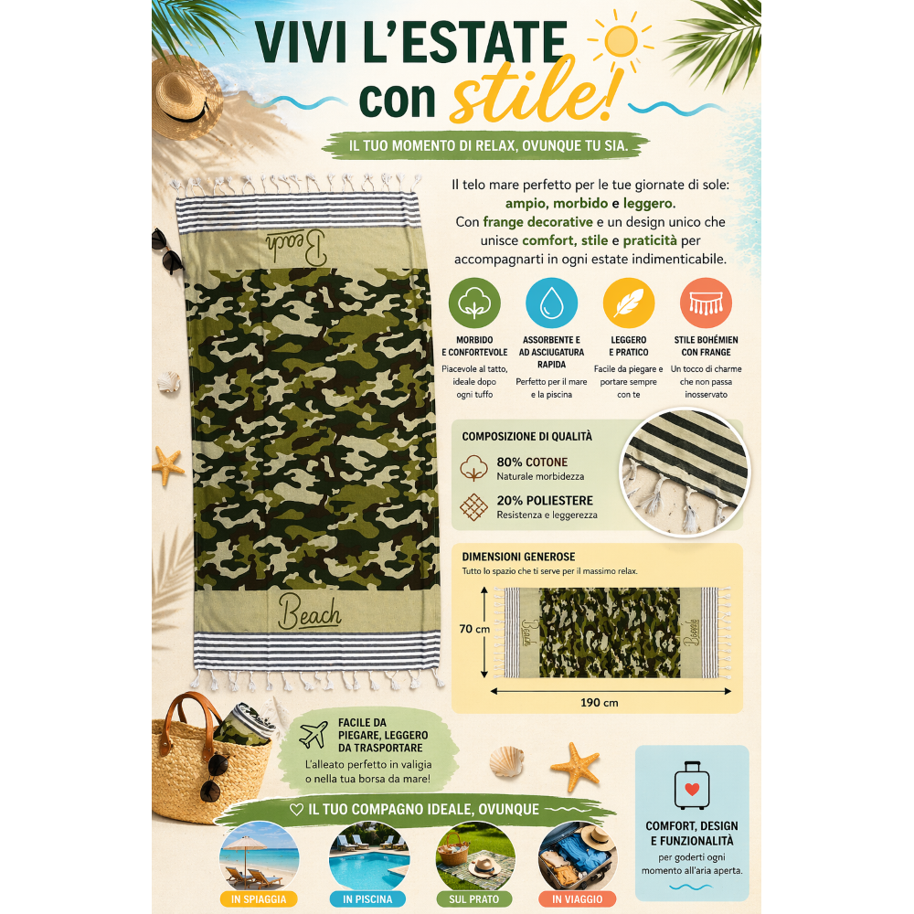 TELO MARE CON FRANGE 190 X 70 CM ASCIUGAMO IN MISTO COTONE ACCESSORIO SPIAGGIA PISCINA