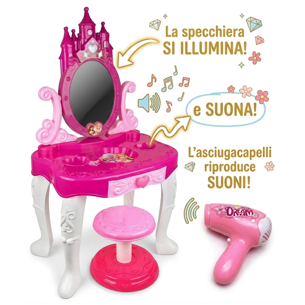 SPECCHIERA CON LUCI E SUONI TAVOLINO SGABELLO GIOIELLI IN CONFEZIONE REGALO - TOY0273