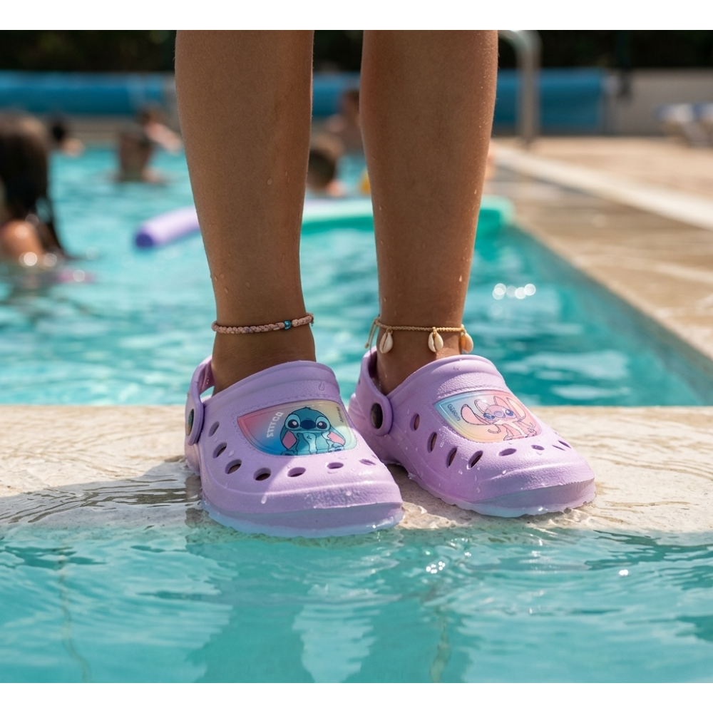 CIABATTE STITCH DISNEY MODELLO CROCS IN EVA CON CINTURINO BAMBINA PISCINA MARE - 7271LILLA