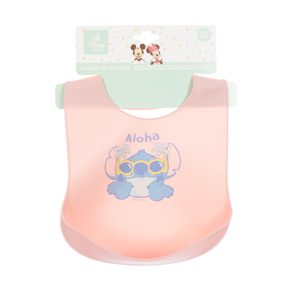 BAVETTO STITCH DISNEY BAVAGLINO IN SILICONE 30 X 23 CM CON TASCA RACCOGLI BRICIOLE PER BAMBINI - EZ09019