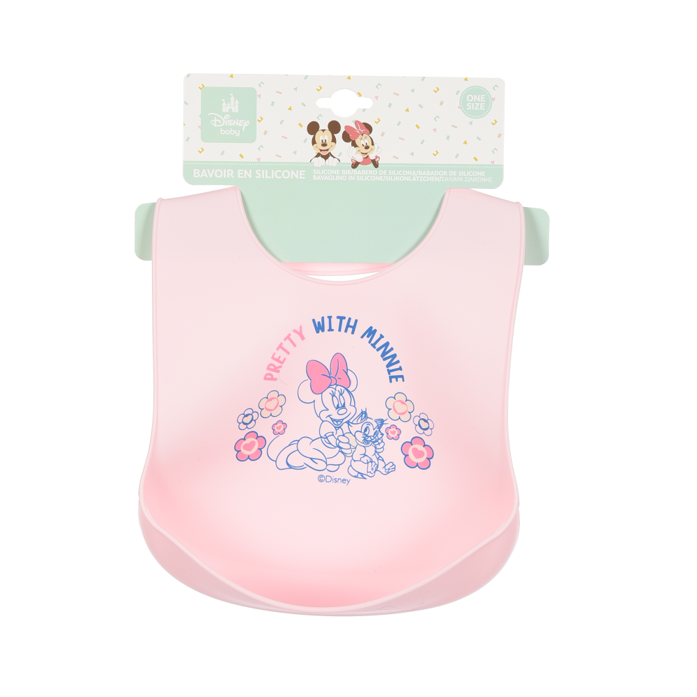 BAVETTO MINNIE DISNEY BAVAGLINO IN SILICONE 30 X 23 CM CON TASCA RACCOGLI BRICIOLE PER BAMBINI - EZ09003