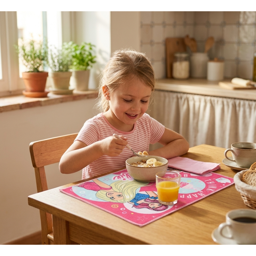 TOVAGLIETTA BARBIE MATTEL IN TESSUTO DA COLAZIONE PRANZO 40X30 CM - EZ18024
