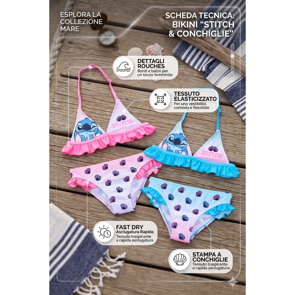 COSTUME DA BAGNO STITCH DISNEY BIKINI MARE 2 PEZZI TOP E SLIP BAMBINA - EZ18072AZZURRO