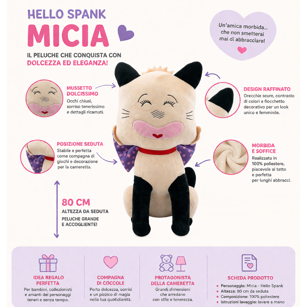 PELUCHE HELLO SPANK MICIA GRANDE SEDUTA MORBIDO PUPAZZO 80 CM - 254087/70