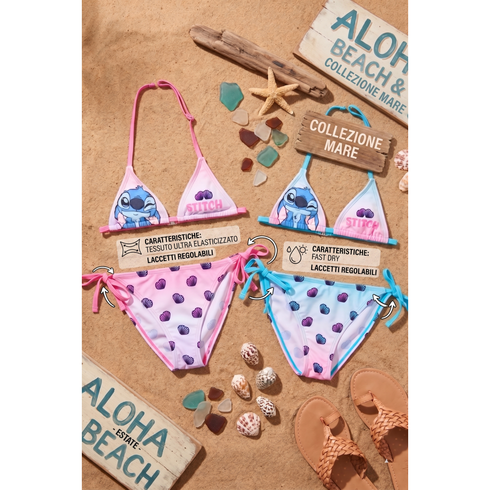 COSTUME DA BAGNO DISNEY STITCH 2 PEZZI BIKINI MARE TOP E SLIP BAMBINA - EZ18232ROSA