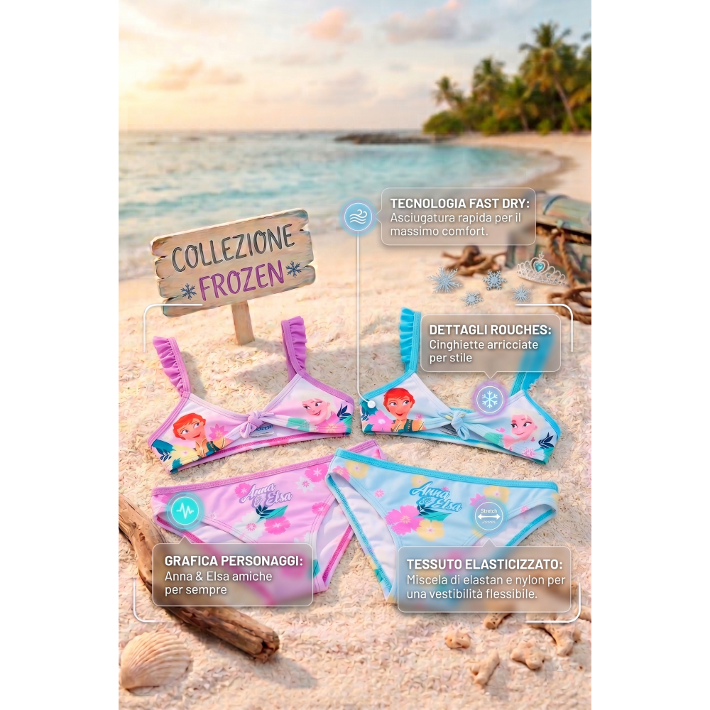 COSTUME DA BAGNO FROZEN DISNEY 2 PEZZI BIKINI MARE TOP E SLIP BAMBINA -EZ18055VIOLA