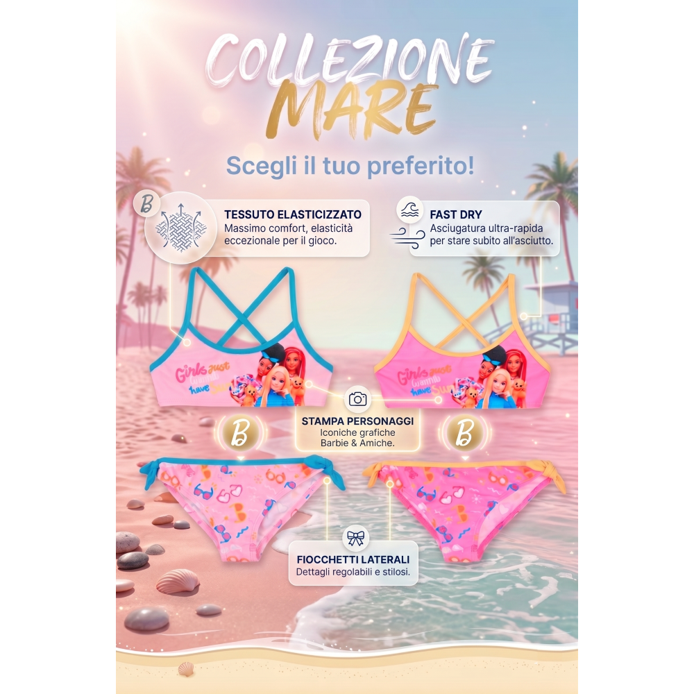 COSTUME DA BAGNO BARBIE MATTEL 2 PEZZI BIKINI MARE TOP E SLIP BAMBINA - EZ18019FUCSIA
