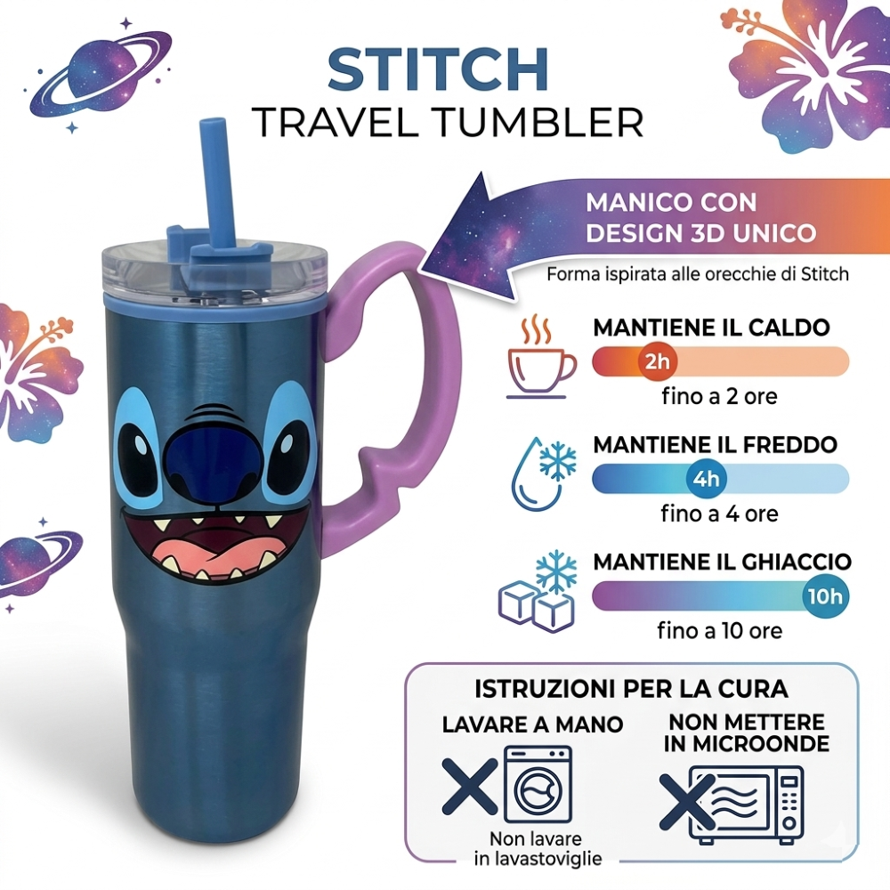 BICCHIERE TERMICO CON CANNUCCIA STITCH DISNEY MANICO 3D 770 ML - 86684
